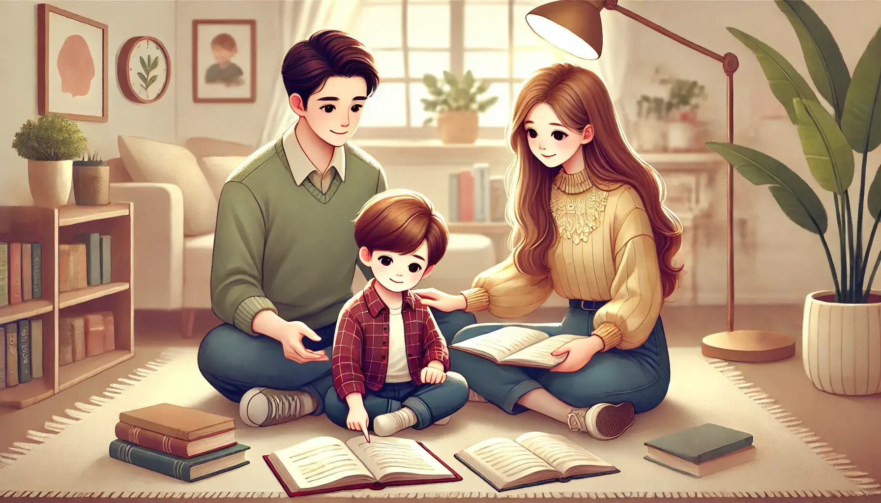 Parents sitting with child and reading him a book, helping him learn.