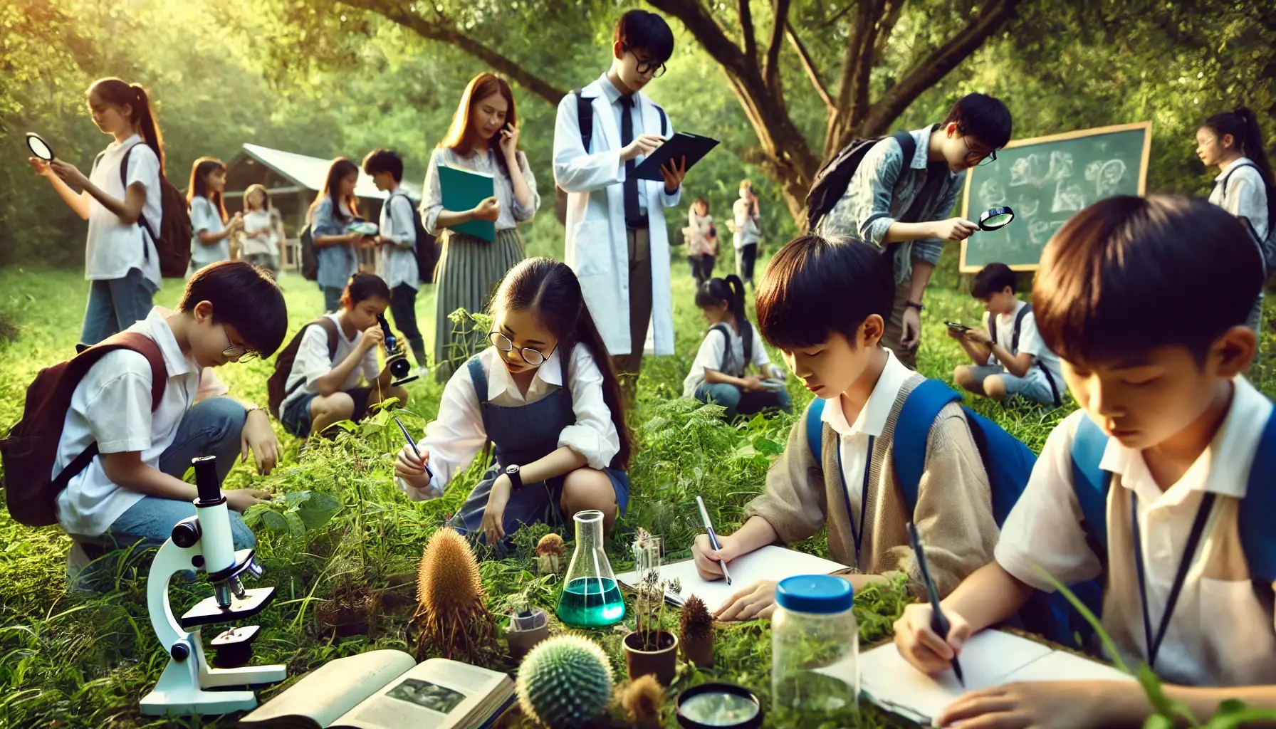 Kids in school uniforms learn through outdoor activities