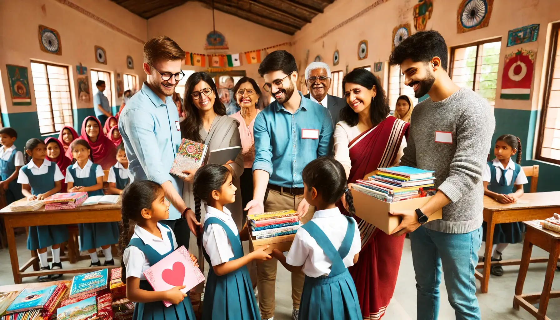 Volunteers donating supplies to school children.